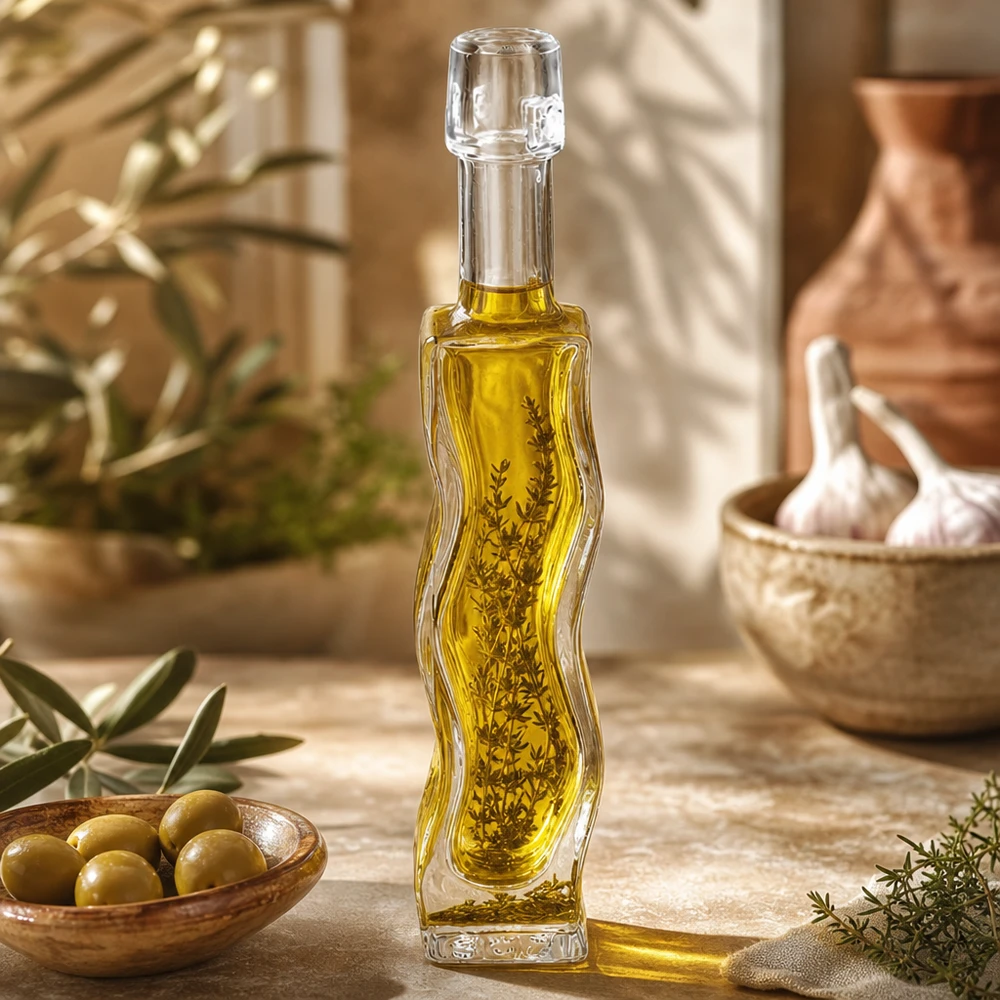 Flacon en verre « Fila » 40 ml sans bouchon UNiTWIST® Bouteille en verre Anna de 40 ml remplie d'huile d'olive et d'herbes aromatiques Exemple d'utilisation cuisine décoration méditerranéenne