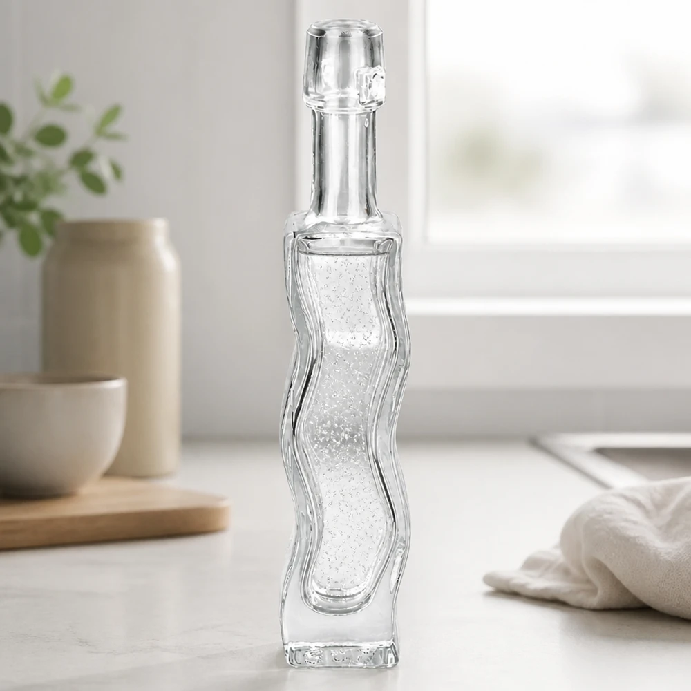 Flacon en verre « Fila » 40 ml sans bouchon UNiTWIST® Bouteille en verre Anna 40ml avec motif en relief ondulé sans bouchon à étrier transparent vide Ambiance salle de bain vue de côté
