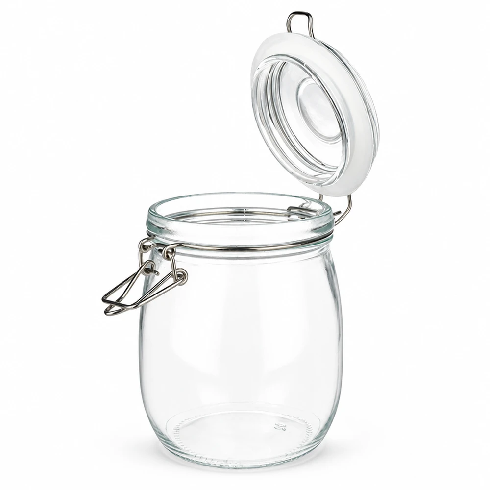 Pot de réserve 750ml type S avec fermeture à étrier UN. Bocal à provisions transparent de 750 ml avec anse métallique et joint en caoutchouc pour un stockage sûr