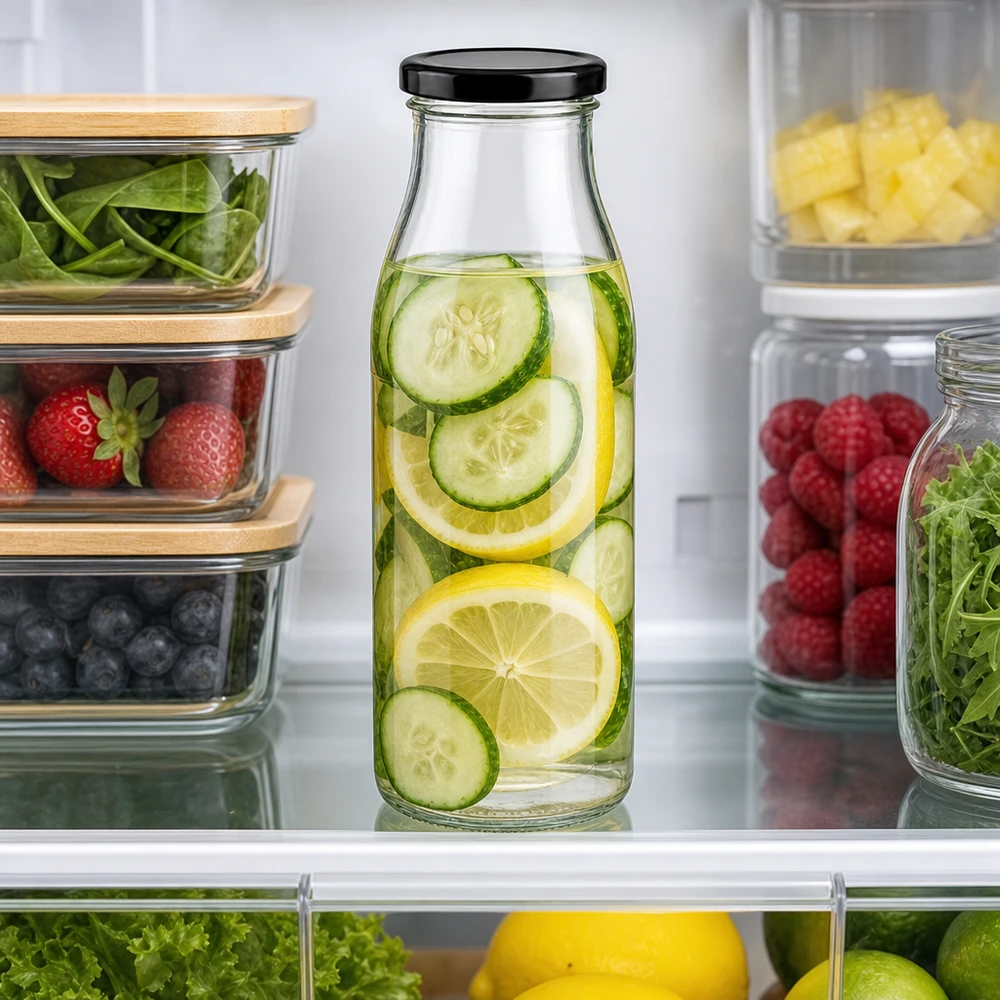 500ml Bouteille avec couvercle BasicSeal noir UNiTWIST Bouteille en verre de 500 ml d'eau au concombre et au citron à placer au réfrigérateur parmi les fruits et légumes frais