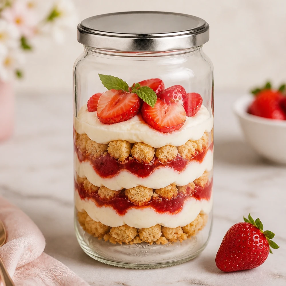 795ml Verre rond avec couvercle BasicSeal argent UNiTWIST Verre rond de 795 ml avec couvercle BasicSeal comme verre à dessert pour trifle aux fraises avec crème et miettes de biscuits