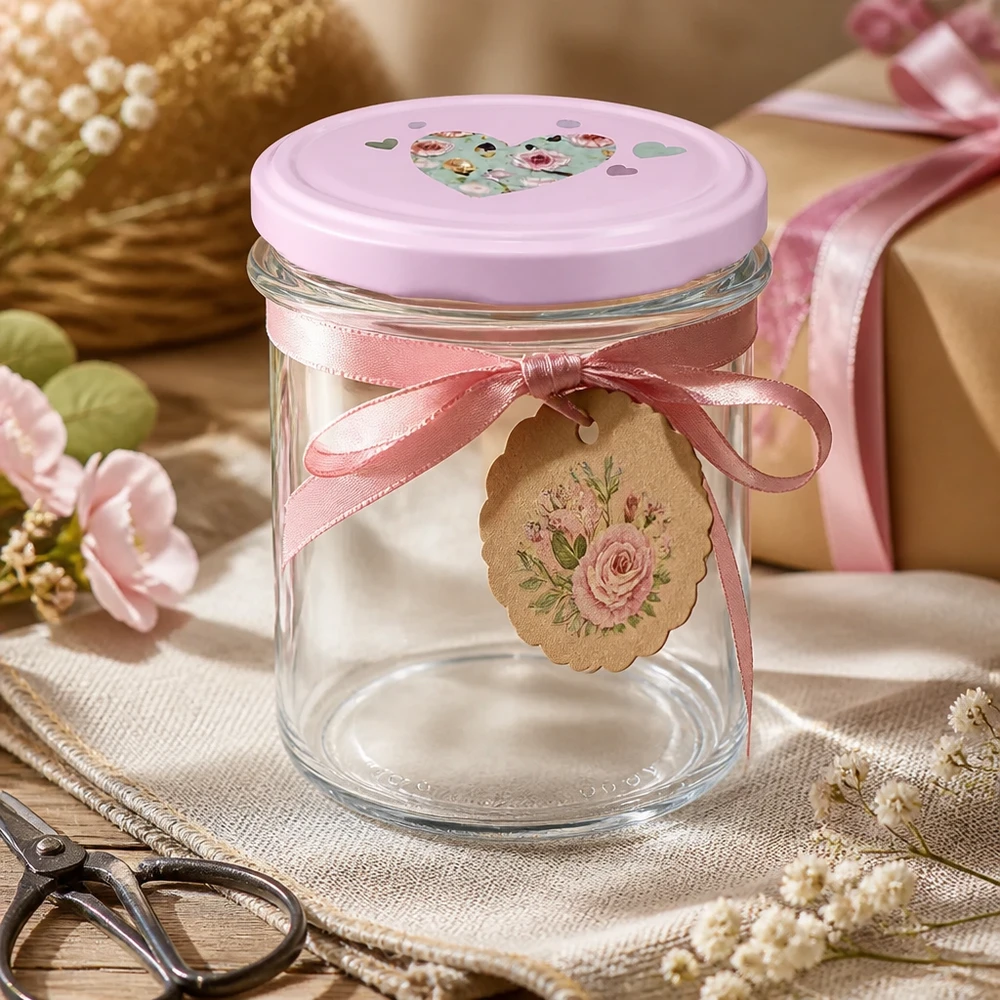 Verres de 350 ml + couvercle BasicSeal rose cur UNiTWIST 350ml pot renversé rose couvercle cœur décoré ruban fleurs bricolage décoration pot à conserve