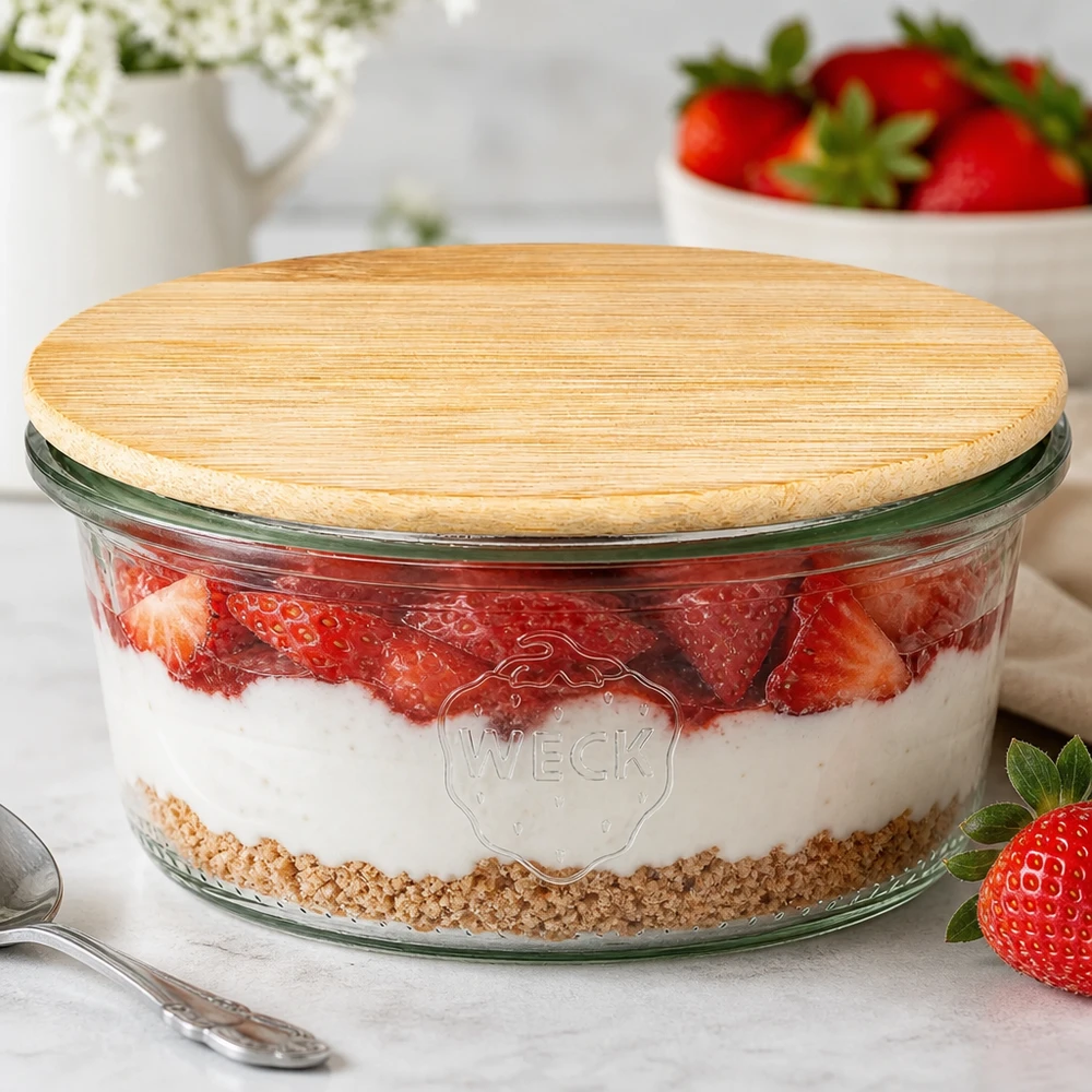 165ml bocal conique WECK RR80 avec couvercle en bois WECK Verre renversé RR80 165ml avec couvercle en bambou comme verre à dessert pour un dessert stratifié aux fraises dans une ambiance de cuisine
