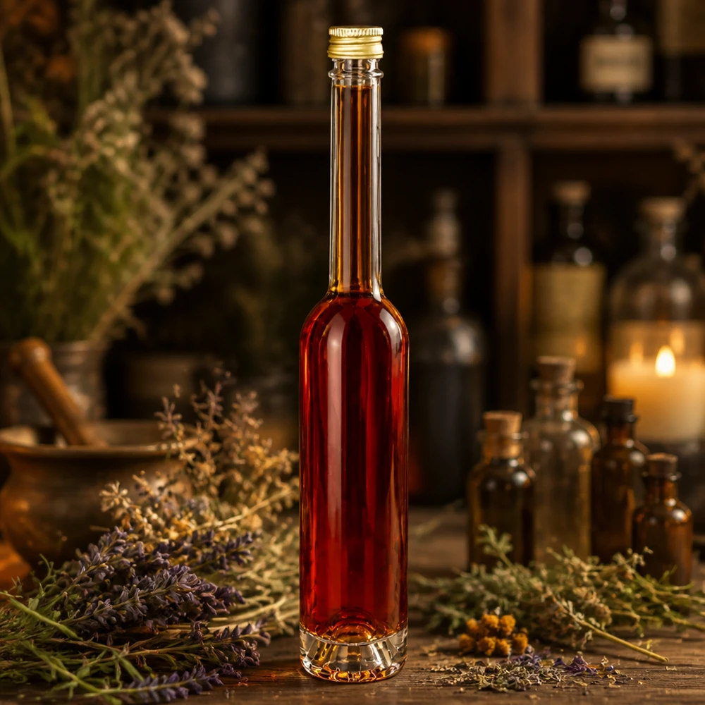 Bouteille en verre 100 ml « Toni » et bouchon à vis argenté UNiTWIST® Bouteille en verre Toni de 100 ml remplie de liquide rouge dans une ambiance d'herbes - bouchon doré UNiTWIST