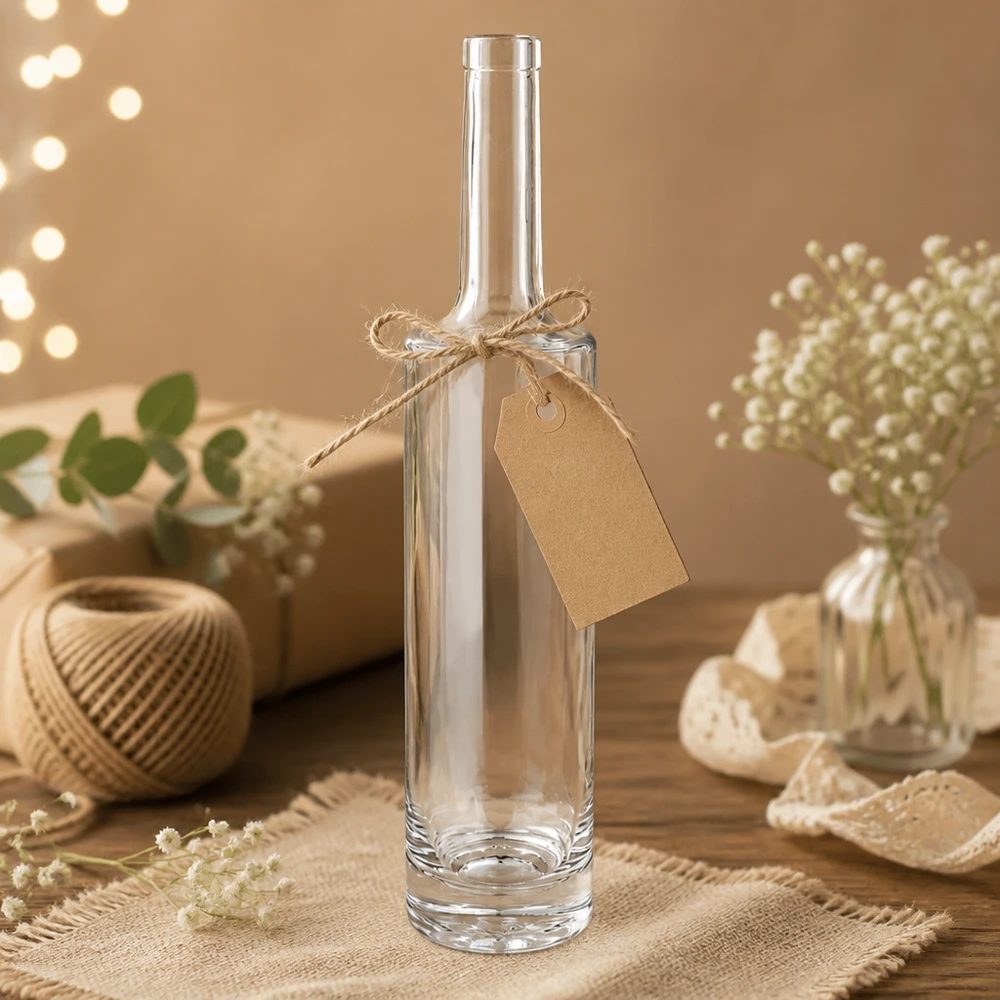 Bouteille en verre 500 ml « Rosa » sans bouchon UNiTWIST® Bouteille en verre 500ml Rose vide décorée avec pendentif en papier kraft présentation rustique éclairage chaleureux Photo produit 7 vo