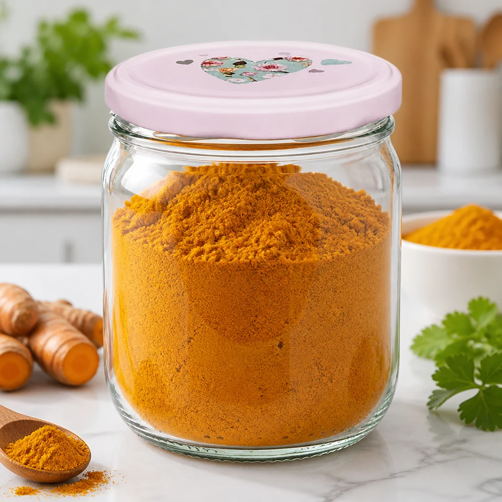 Poudre de curcuma en pot rond de 425ml rempli avec un couvercle rose en forme de cœur Conservation des épices Scène de cuisine
