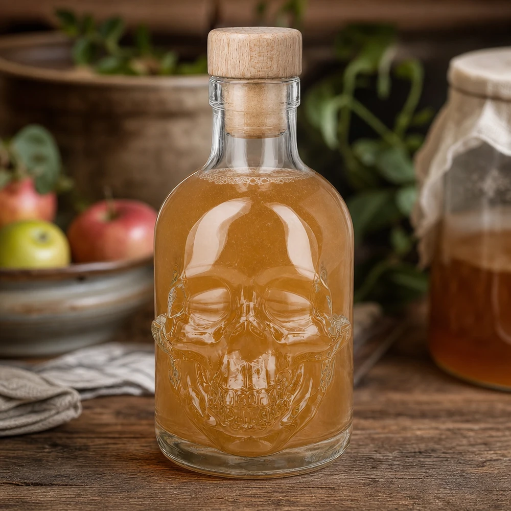 Bouteille en verre Jack à tête de mort de 200 ml remplie d'ambre dans une ambiance de cuisine avec des pommes et des pots d'herbes aromatiques