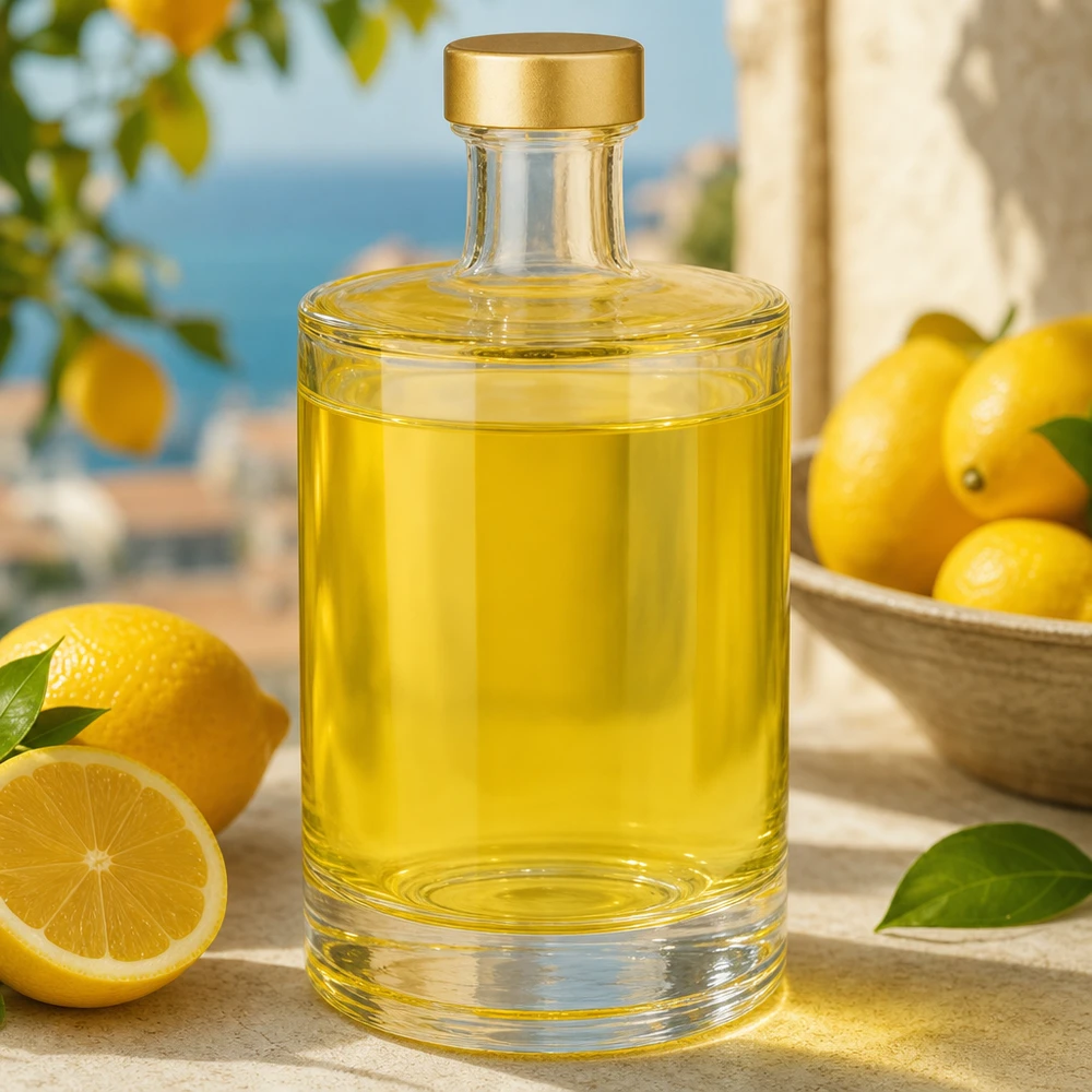 Bouteille en verre 500 ml « Sam » + bouchon à vis doré UNiTWIST® Bouteille en verre de 500ml Sam remplie de liquide jaune à côté de citrons ambiance méditerranéenne UNiTWIST bouchon doré