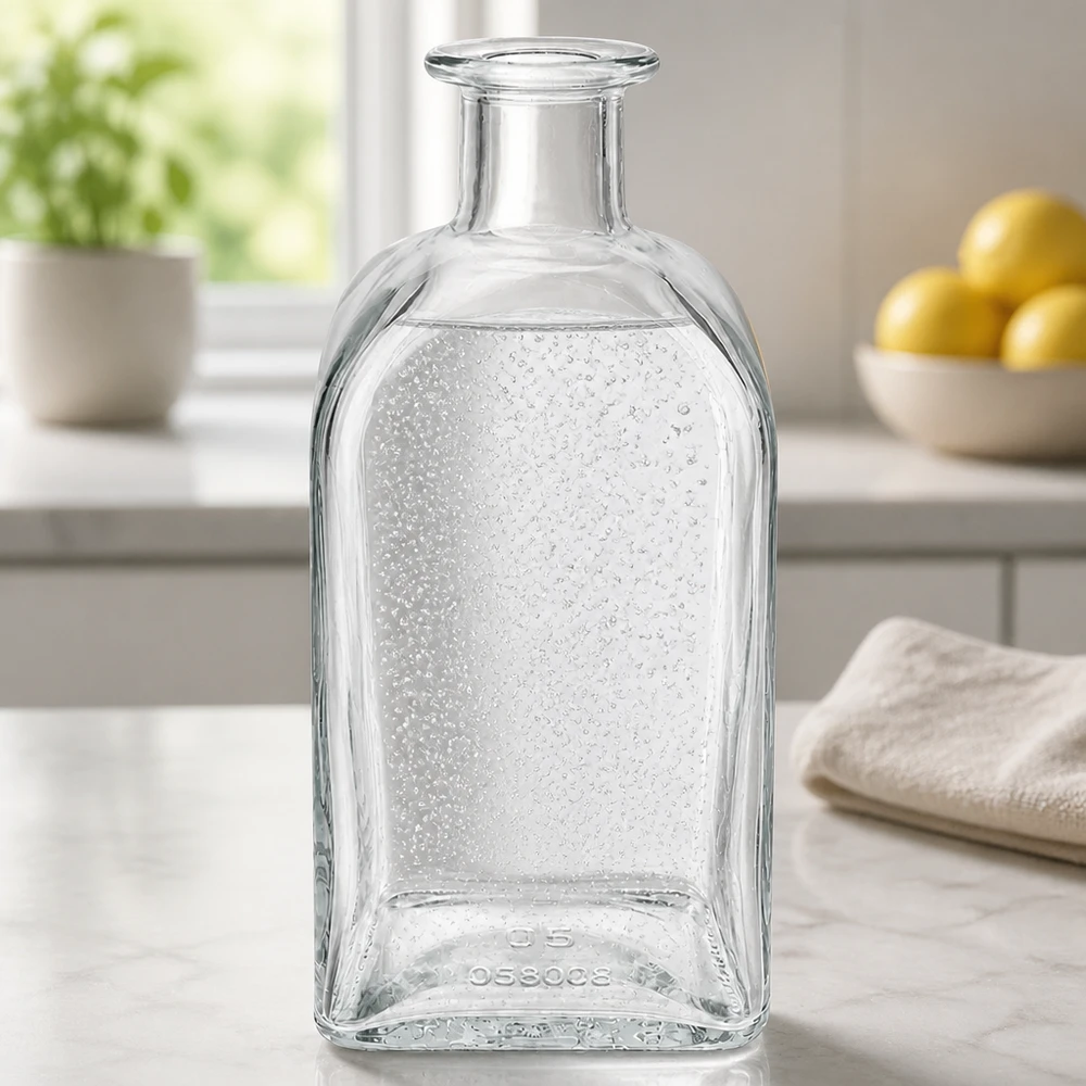Flacon à pharmacie « Julia» 500 ml sans bouchon UNiTWIST® Bouteille en verre Julia de 500 ml dans une cuisine moderne sur un comptoir en marbre avec des gouttes d'eau et de la lumière naturelle