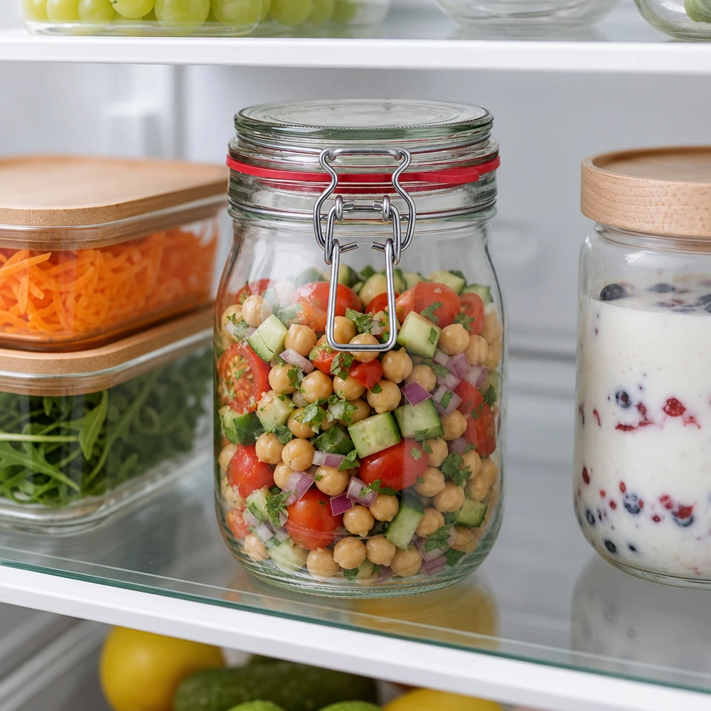 Bocal de conservation de 1 140 ml, type G, avec bouchon à clip UN.. Boîte de conservation en verre 1140ml avec fermeture à étrier pour salades et meal prep au réfrigérateur