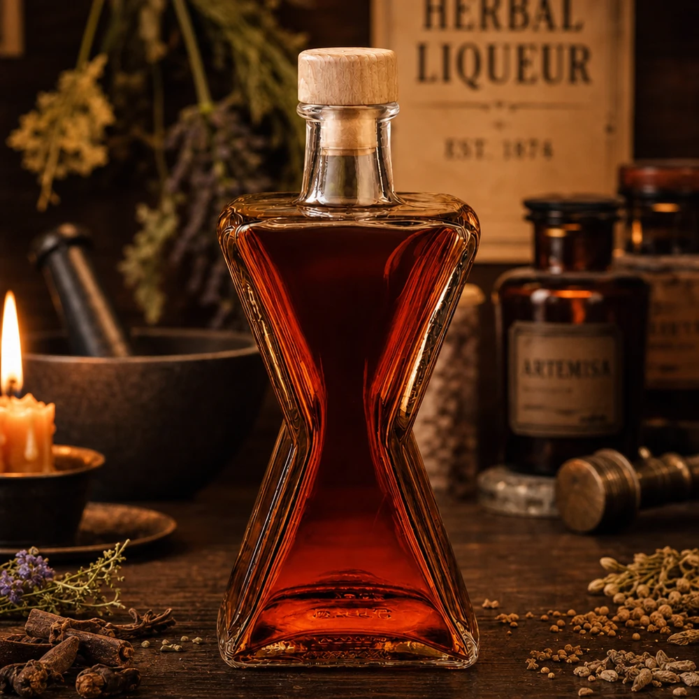Bouteille en verre 200 ml « Star » avec bouchon en bois UNiTWIST® Bouteille en verre Star de 200 ml remplie de liqueur d'herbes rouges - bouchon en bois UNiTWIST dans un environnement de pharmacie atmosphérique