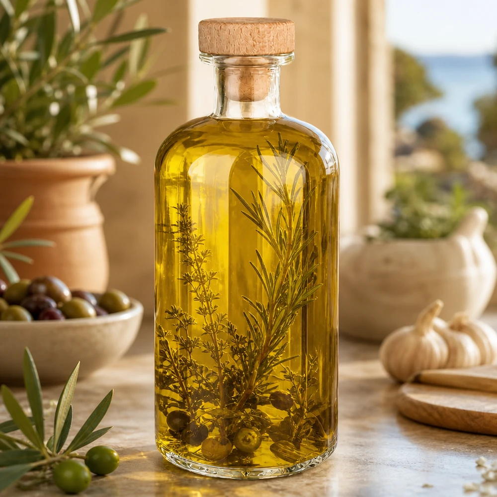 Bouteille en verre Flora 500ml remplie d'huile aux herbes entre olives romarin et ail ambiance cuisine méditerranéenne