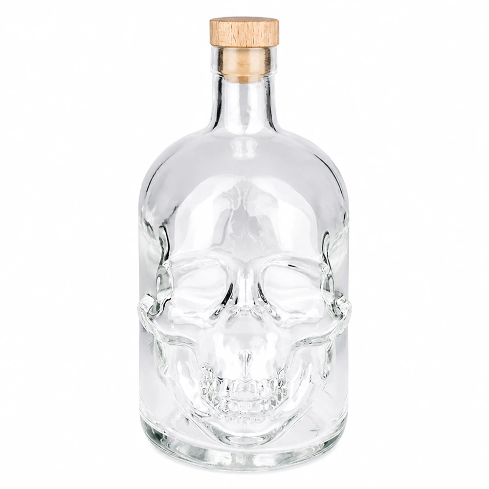 700ml Glasflasche Jack mit Totenkopf-Design und Holzkorken, leere Spirituosenflasche aus klarem Glas