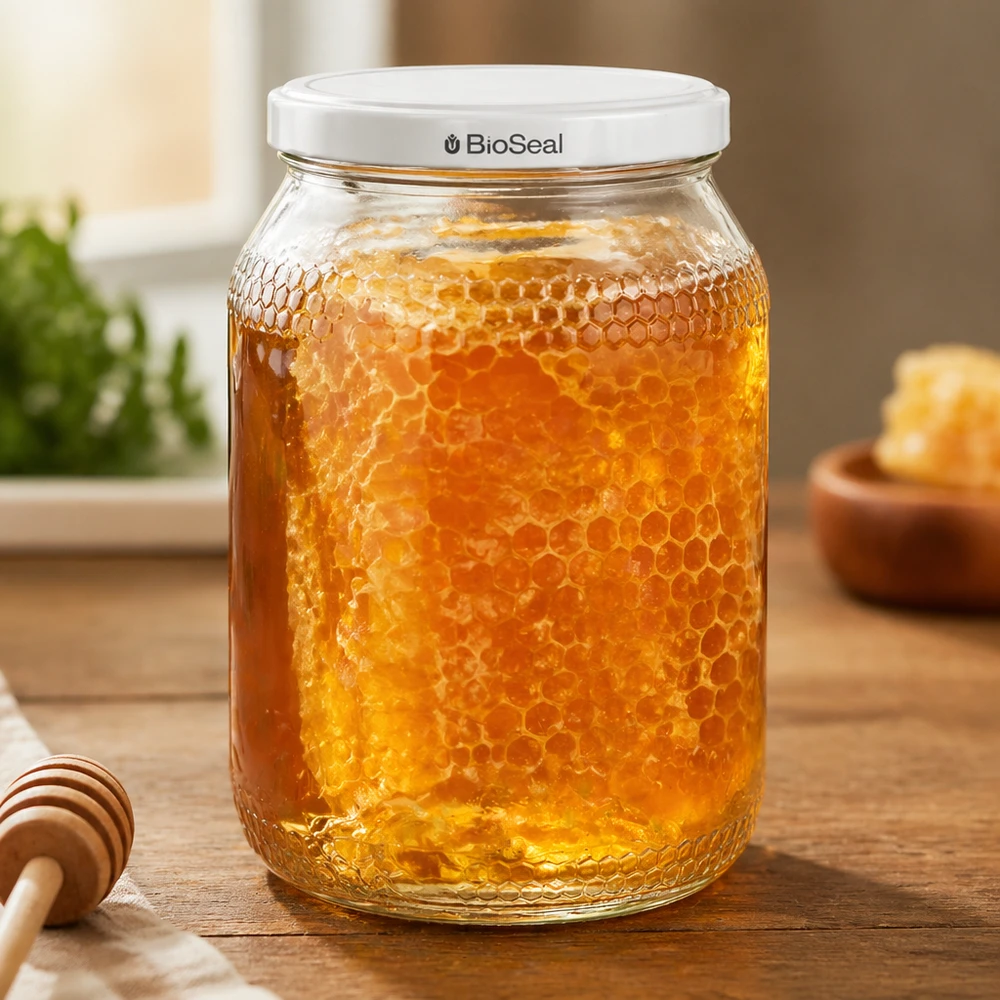 Pot à miel 1260 g avec couvercle blanc BioSeal UNiTWIST Pot de miel de 900 ml avec couvercle BioSeal rempli de rayons de miel sur une table en bois à côté de la cuillère à miel dans une cuisine chaude