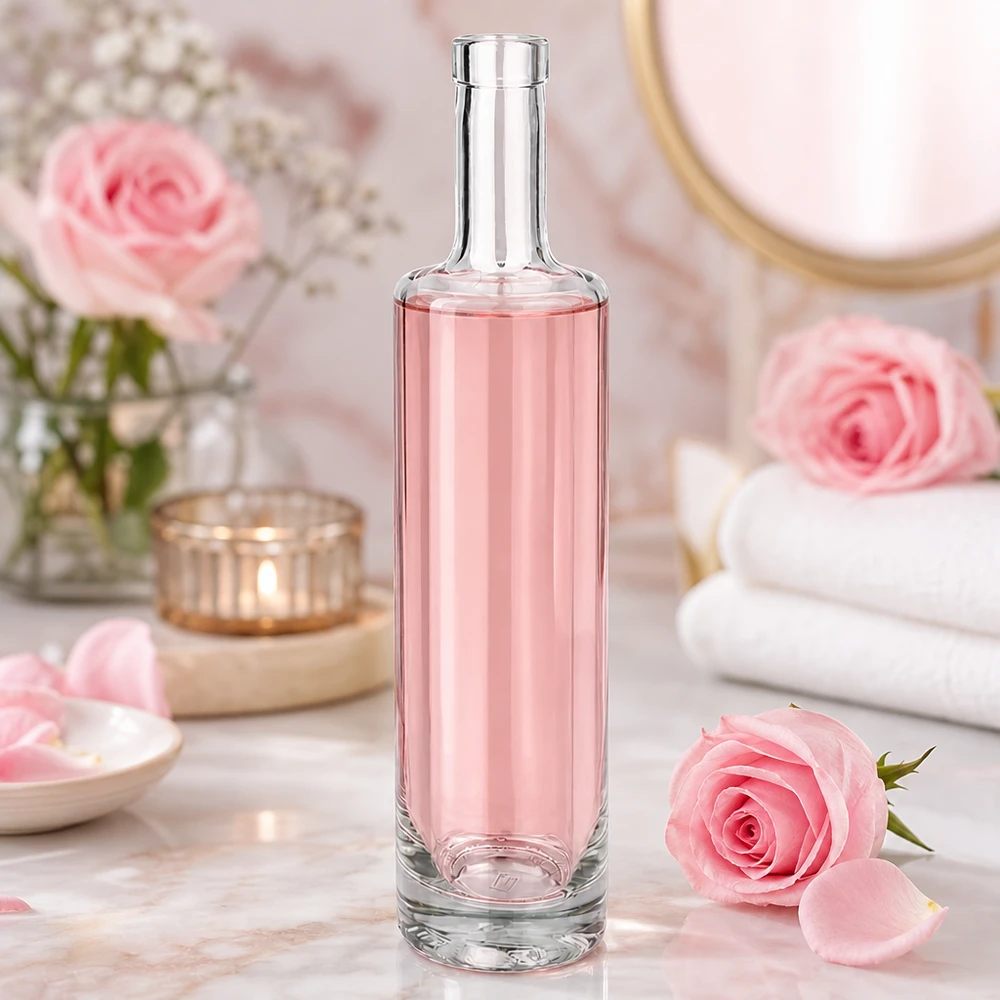 Bouteille en verre Lina de 500 ml au contenu rose dans une atmosphère de spa romantique avec des roses roses et une décoration de bien-être