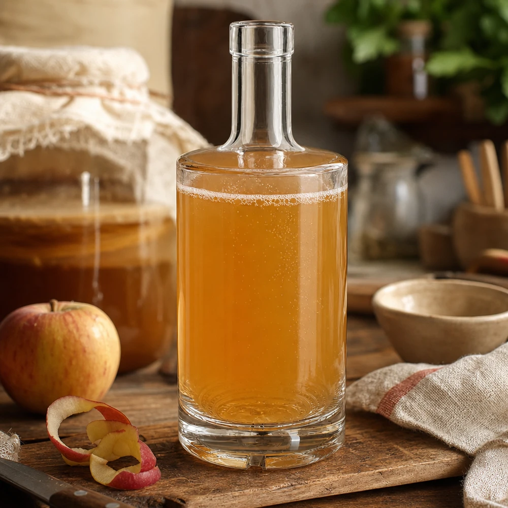 Bouteille en verre 500 ml « 500ml Glasflasche "Nora" ohne Verschluss UNiTWIST » sans bouchon UNiTWIST® Bouteille en verre Nora de 500 ml remplie de liqueur de pomme dorée à côté de pommes sur planche en bois cuisine rustique UNiTWIST