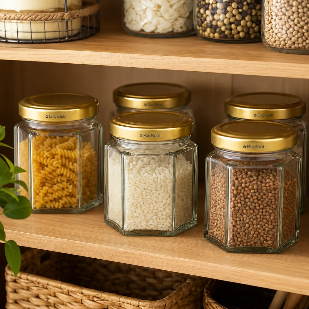 Pot à miel 60 g avec couvercle doré BioSeal UNiTWIST BioSeal 60g pots de miel avec couvercles dorés pour la conservation des pâtes du riz et des épices dans les armoires de stockage