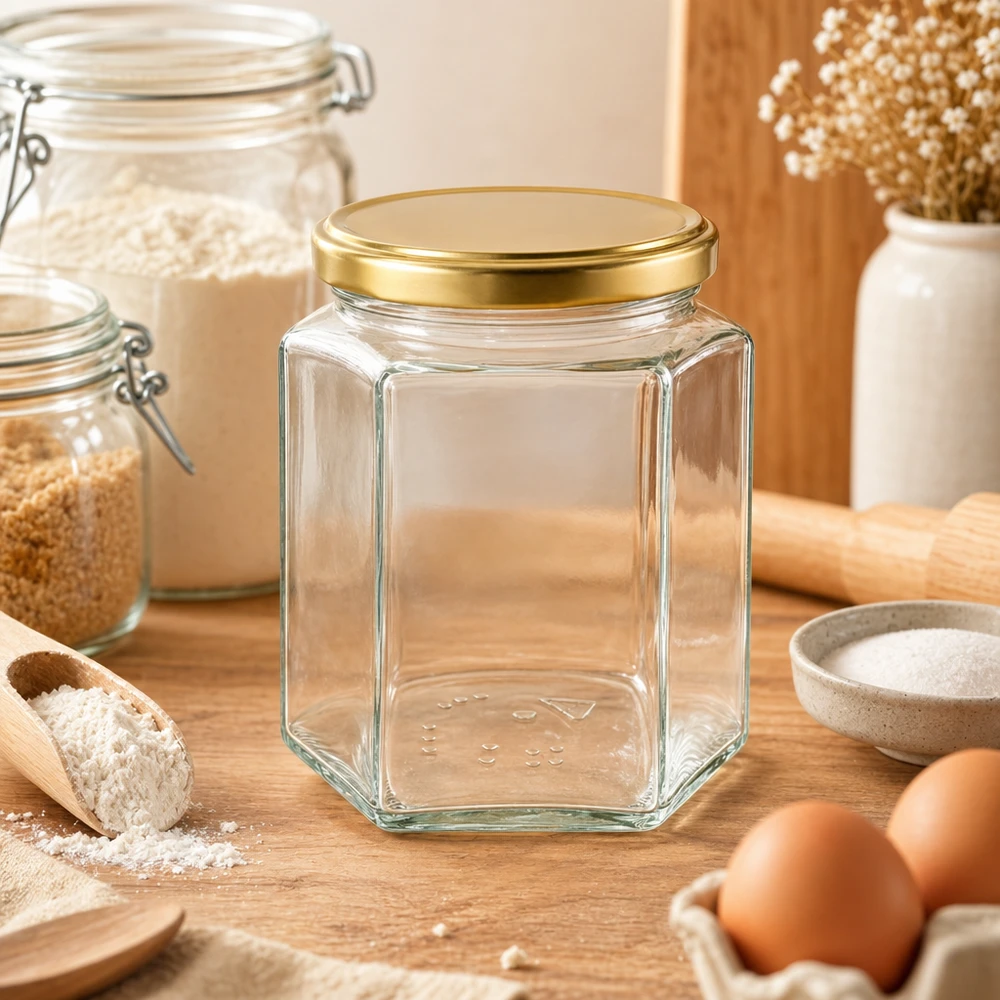 Pot de miel vide de 500g BasicSeal UT hexagonal avec couvercle doré dans un environnement de cuisine confortable Farine Oeufs Bois