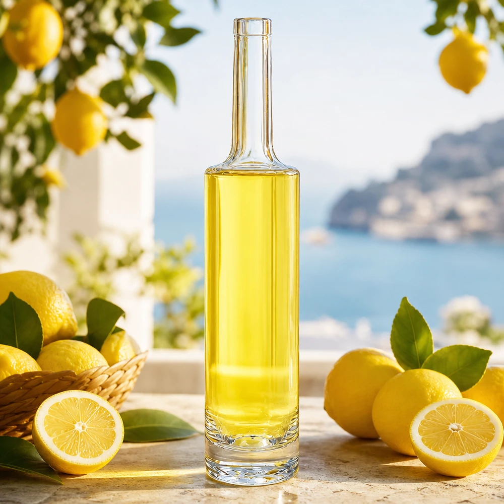 Bouteille en verre 500 ml « Rosa » sans bouchon UNiTWIST® Bouteille en verre rose de 500 ml remplie de liquide jaune entre les citrons décor méditerranéen Photo produit 2 de 10