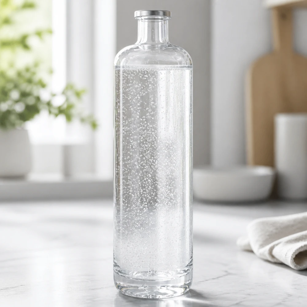 Bouteille en verre Ella de 700 ml remplie d'eau minérale pétillante sur un plan de travail de cuisine clair dans une ambiance moderne