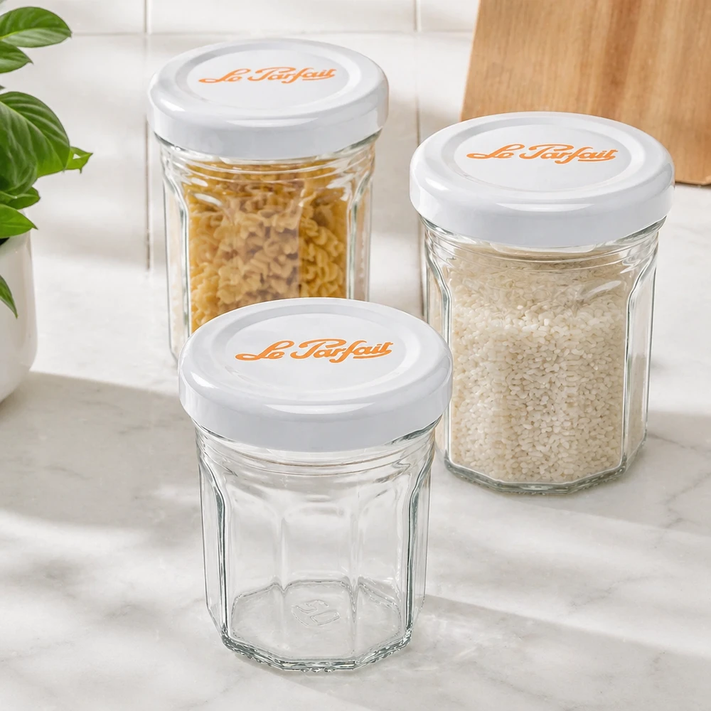Le Parfait® Mini‑Jam 44 ml Ø48 mm pot Set de mini-verres à pied Le Parfait 44ml avec couvercles blancs - un vide, deux remplis de riz et de pâtes