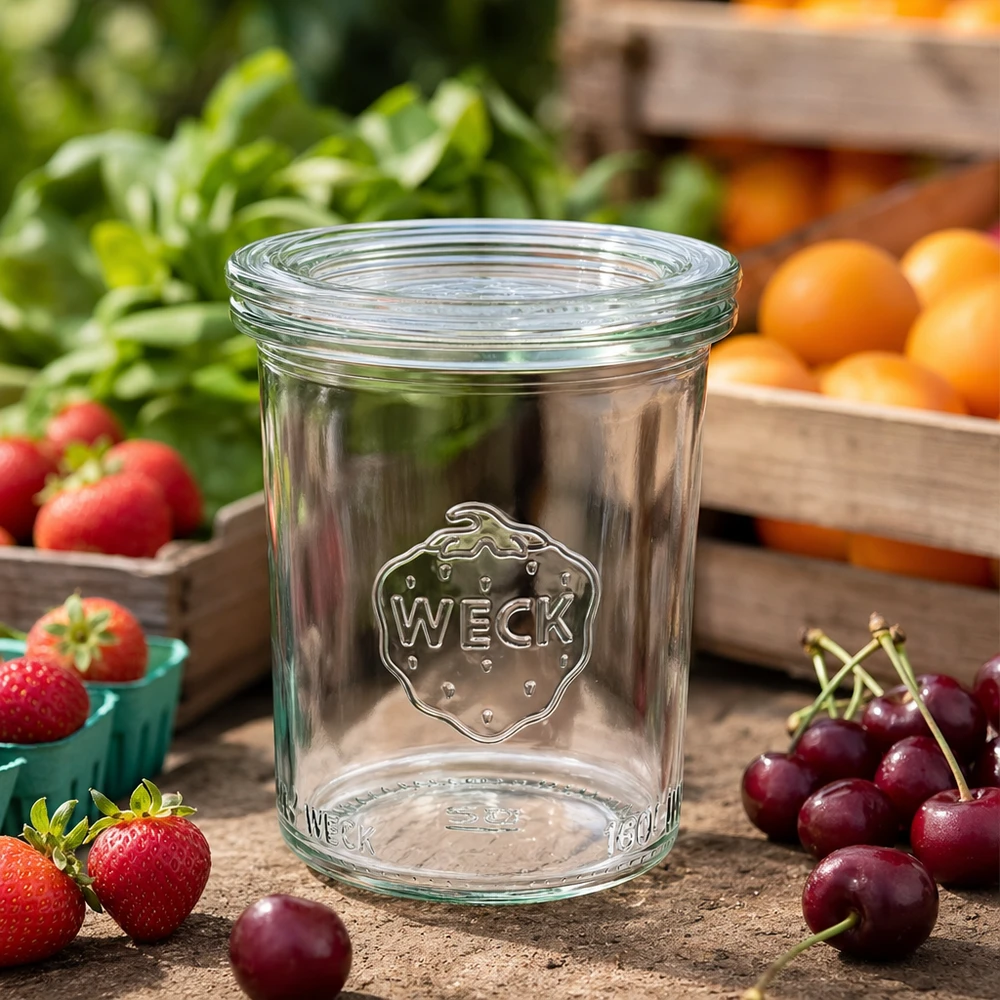 Bocal en verre de 160 ml avec couvercle en verre WECK RR60 WECK Pot renversé RR60 160ml vide sur table en bois avec cerises, fraises et oranges fraîches pour la mise en conserve