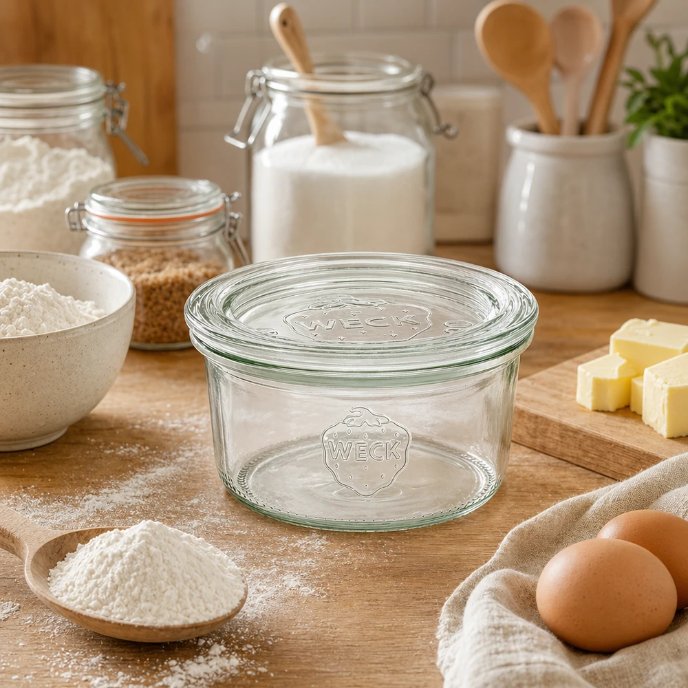 165ml bocal conique avec bouchon en verre WECK RR80 WECK Verre renversé 165ml RR80 vide sur planche en bois entouré d'ingrédients de cuisson comme la farine les œufs le beurre dans la cuisine