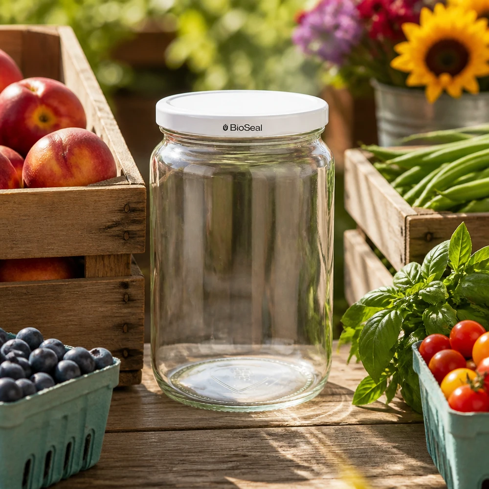 795ml Verre rond avec couvercle BioSeal blanc UNiTWIST UNiTWIST Runda795 Pot de conserve vide avec couvercle BioSeal blanc sur table en bois parmi les fruits et légumes frais
