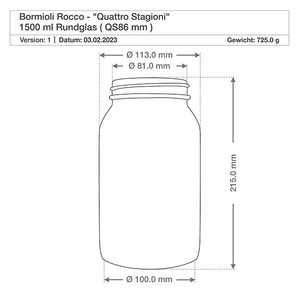 2000ml verre rond "Quattro Stagioni" avec couvercle Dessin technique Bormioli Rocco Quattro Stagioni bocal rond 1500ml - Dimensions et spécifications pour bocaux à conserves