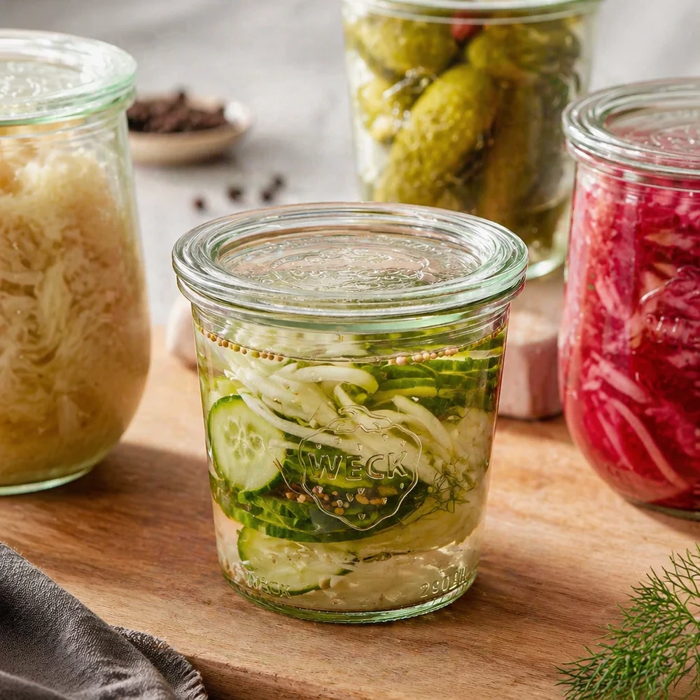 290ml bocal conique haut avec bouchon en verre WECK RR80 WECK Pot renversé 290ml RR80 avec cornichons marinés et herbes aromatiques à côté d'autres bocaux remplis sur une planche en bois