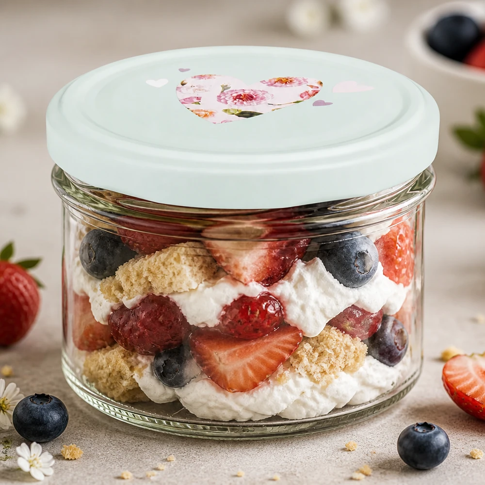 Verre renversé de 225 ml avec dessert stratifié aux baies et à la crème montre la polyvalence du couvercle BasicSeal menthe