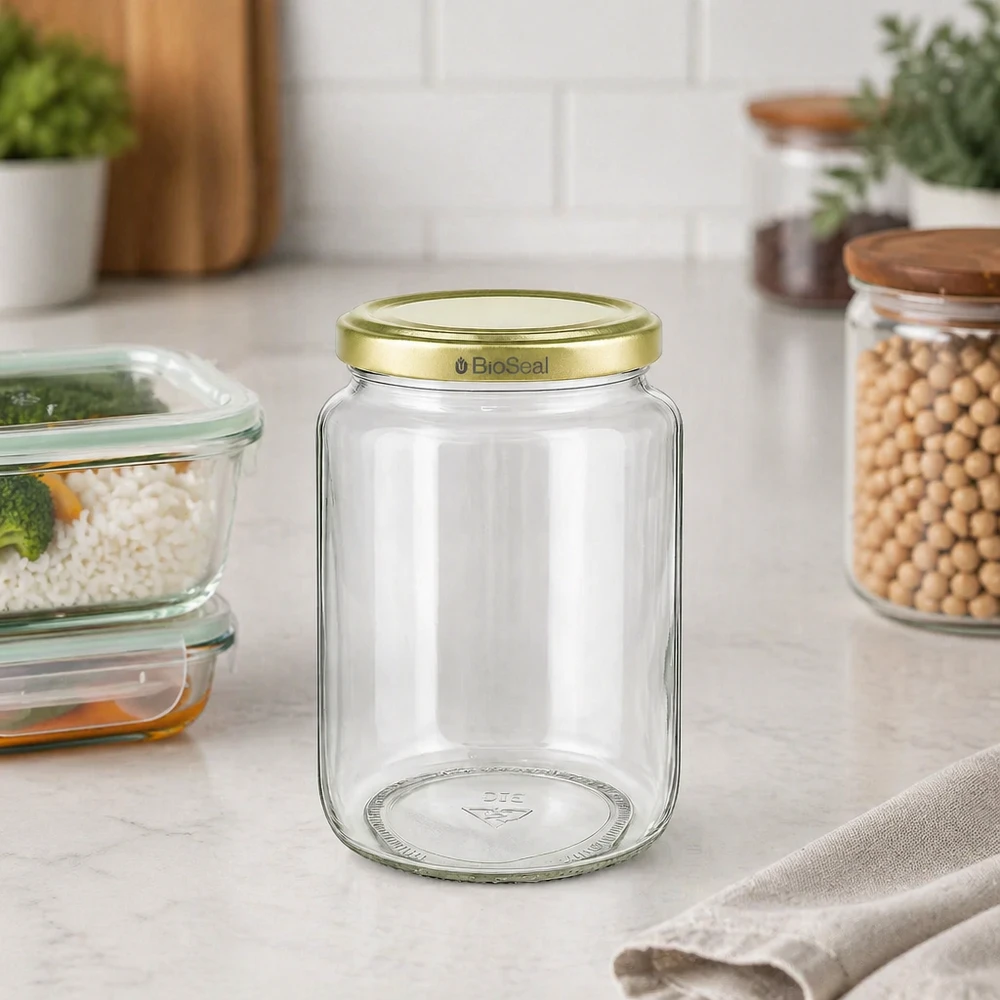 Pot à miel 1000 g avec couvercle doré BioSeal UNiTWIST Pot de miel BioSeal de 1000g vide avec couvercle doré à visser sur le plan de travail de la cuisine à côté des bocaux de stockage avec pois chiches