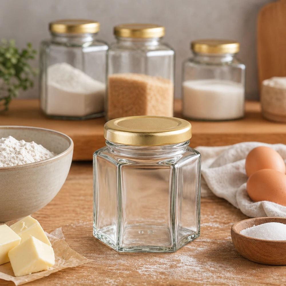 Pot à miel 60 g avec couvercle doré BasicSeal UNiTWIST 60g pot de miel hexagonal vide dans scène de cuisine avec ingrédients farine oeufs beurre et pots de conservation