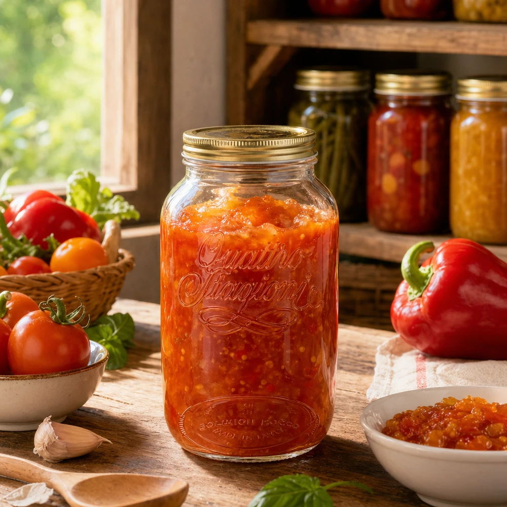3800ml verre rond « Quattro Stagioni » avec couvercle Quattro Stagioni 3800ml Pot rond rempli de sauce tomate à côté de tomates fraîches et de poivrons Conservation