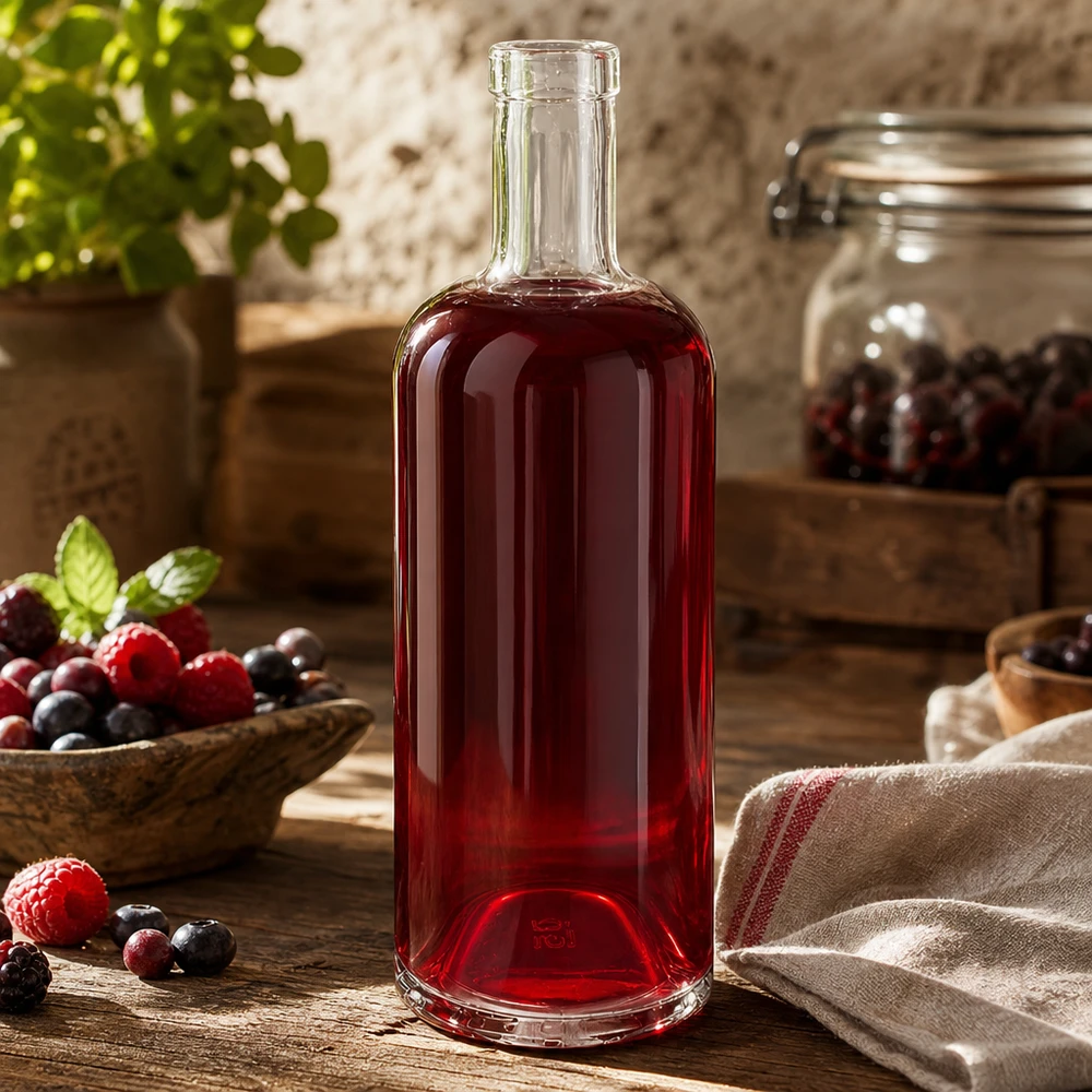 Flacon en verre 750 ml « Emma » sans bouchon UNiTWIST® Bouteille en verre Emma de 750 ml remplie de jus de baies rouges entourée de baies fraîches et d'une décoration de cuisine rustique