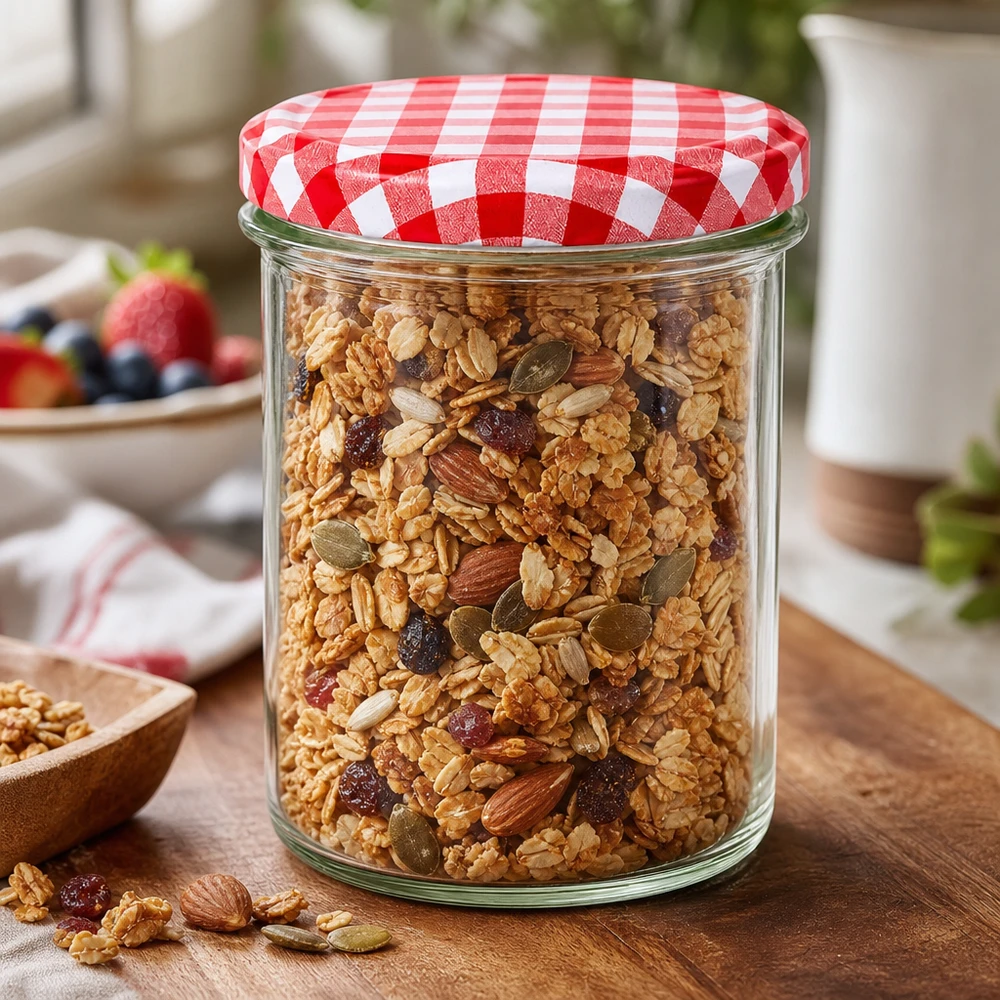350ml Verre conique avec couvercle BasicSeal rouge/blanc UNiTWIST Sturzglas 350ml mit Müsli gefüllt zeigt praktische Aufbewahrung, rot-weißer Deckel schützt Lebensmittel frisch