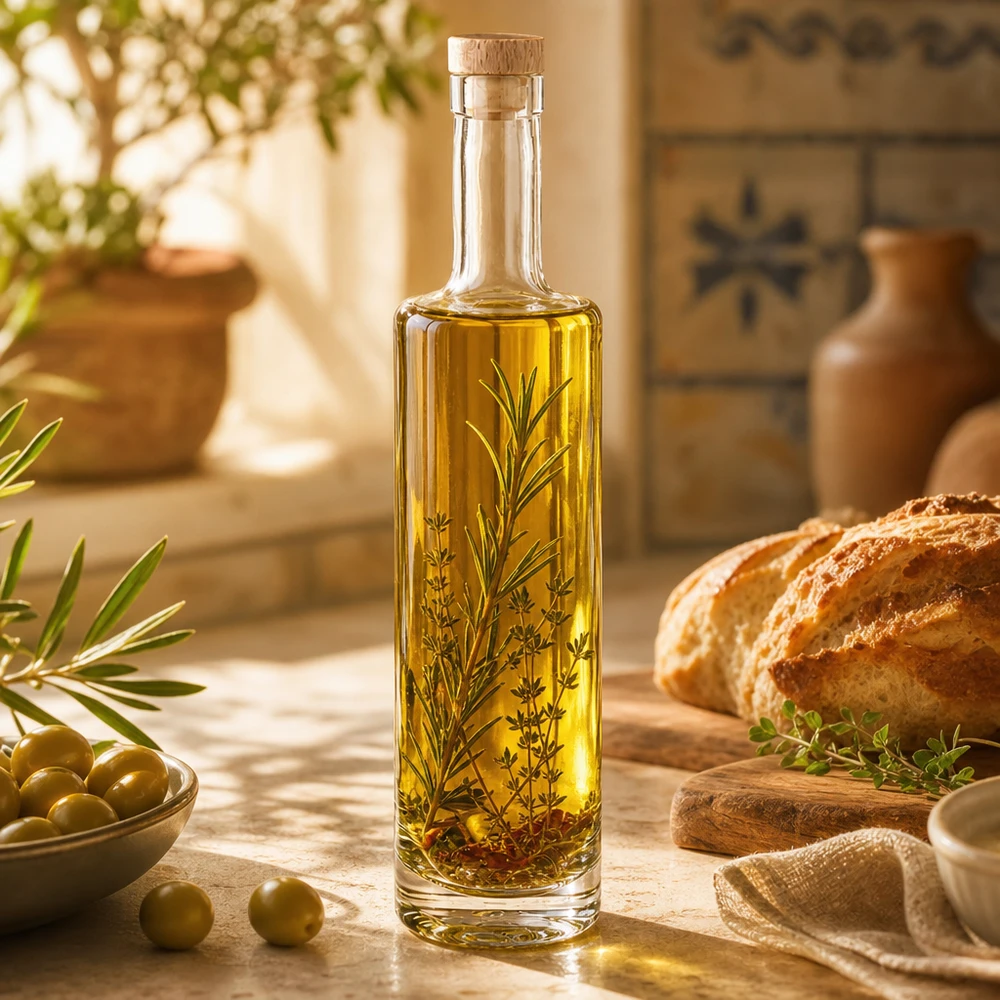 Bouteille en verre 500 ml « Lina » avec bouchon en bois UNiTWIST® 500ml Glasflasche Lina mit Holzkorken gefüllt mit Kräuteröl mediterrane Küche Oliven Brot rustikale Atmosphäre