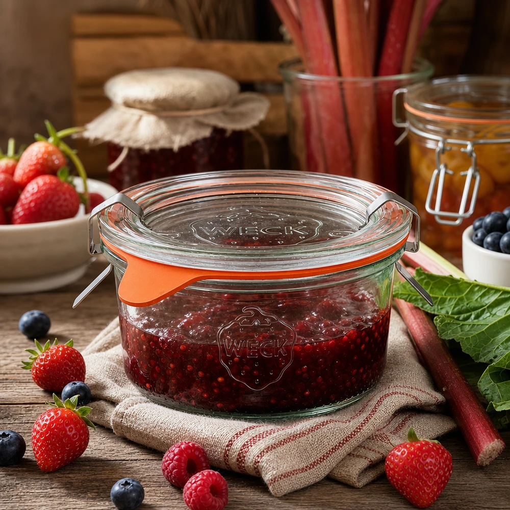 165ml bocal conique complet WECK RR80 WECK Pot renversé 165ml RR80 rempli de confiture de baies entouré de fraises et de myrtilles fraîches sur table en bois