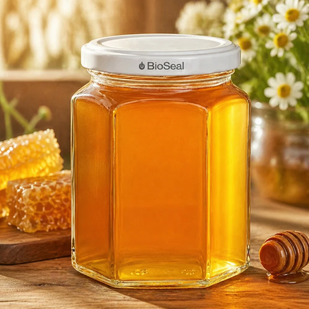 UNiTWIST Hexa288 Pot de miel rempli de miel doré à côté d'un nid d'abeille et d'une cuillère à miel sur une table en bois