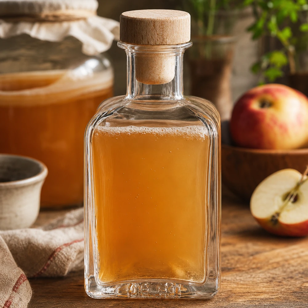 Bouteille en verre Clara de 200ml remplie de jus de pomme bouchon en bois rondelles de pomme cuisine rustique jus naturels bouteille décorative