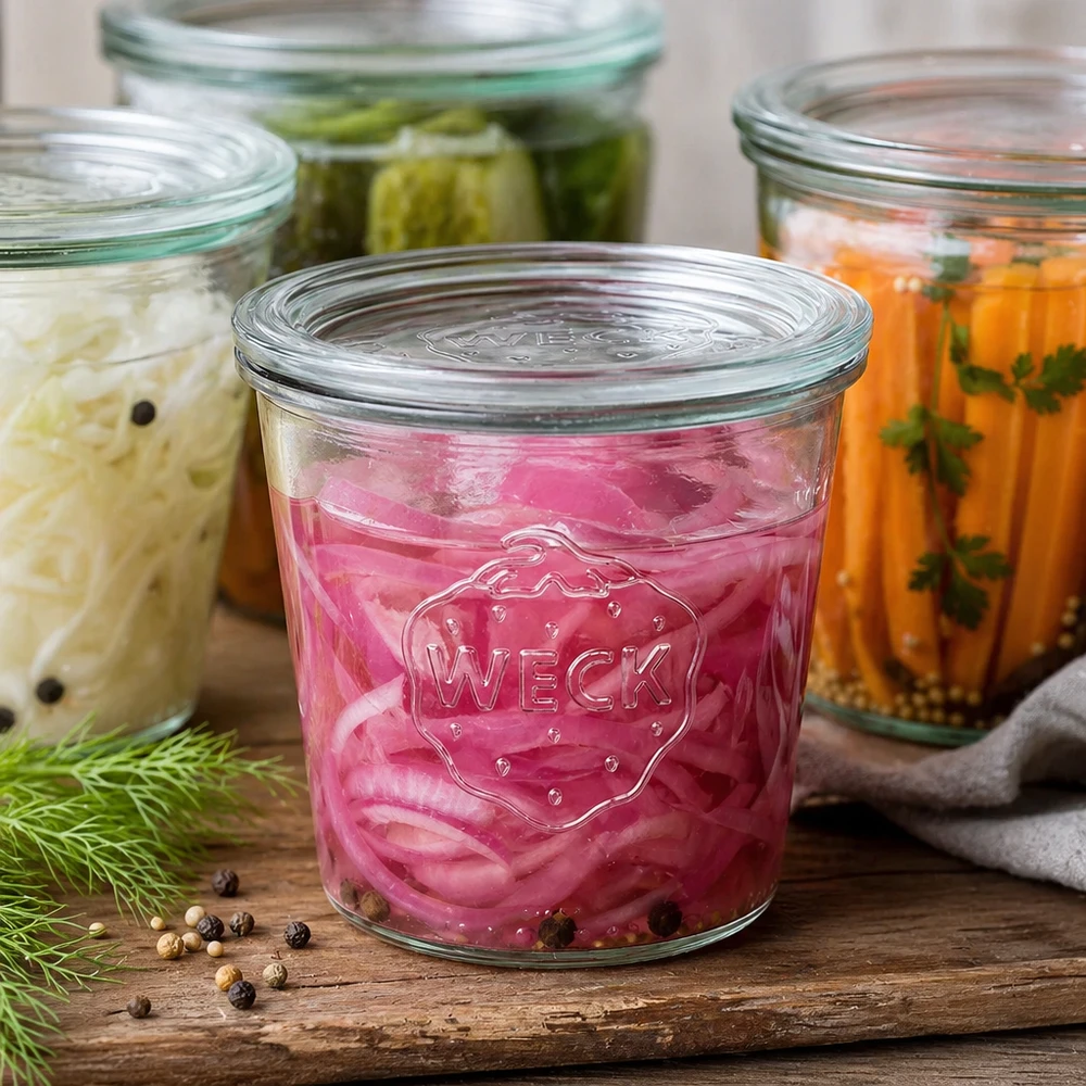 Bocal en verre de 580 ml avec couvercle en verre WECK RR100 WECK Pot de 580ml rempli de légumes marinés et d'épices pour la fermentation Exemple à côté de l'aneth