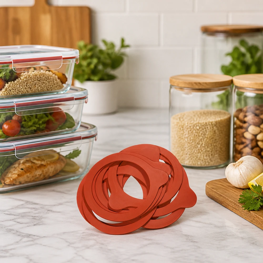 Anneau de mise en conserve en caoutchouc naturel RR100 Anneaux de cuisson RR100 en caoutchouc naturel rouge sur plan de travail en marbre à côté des boîtes Meal Prep et des bocaux à provisions dans une cuisine moderne