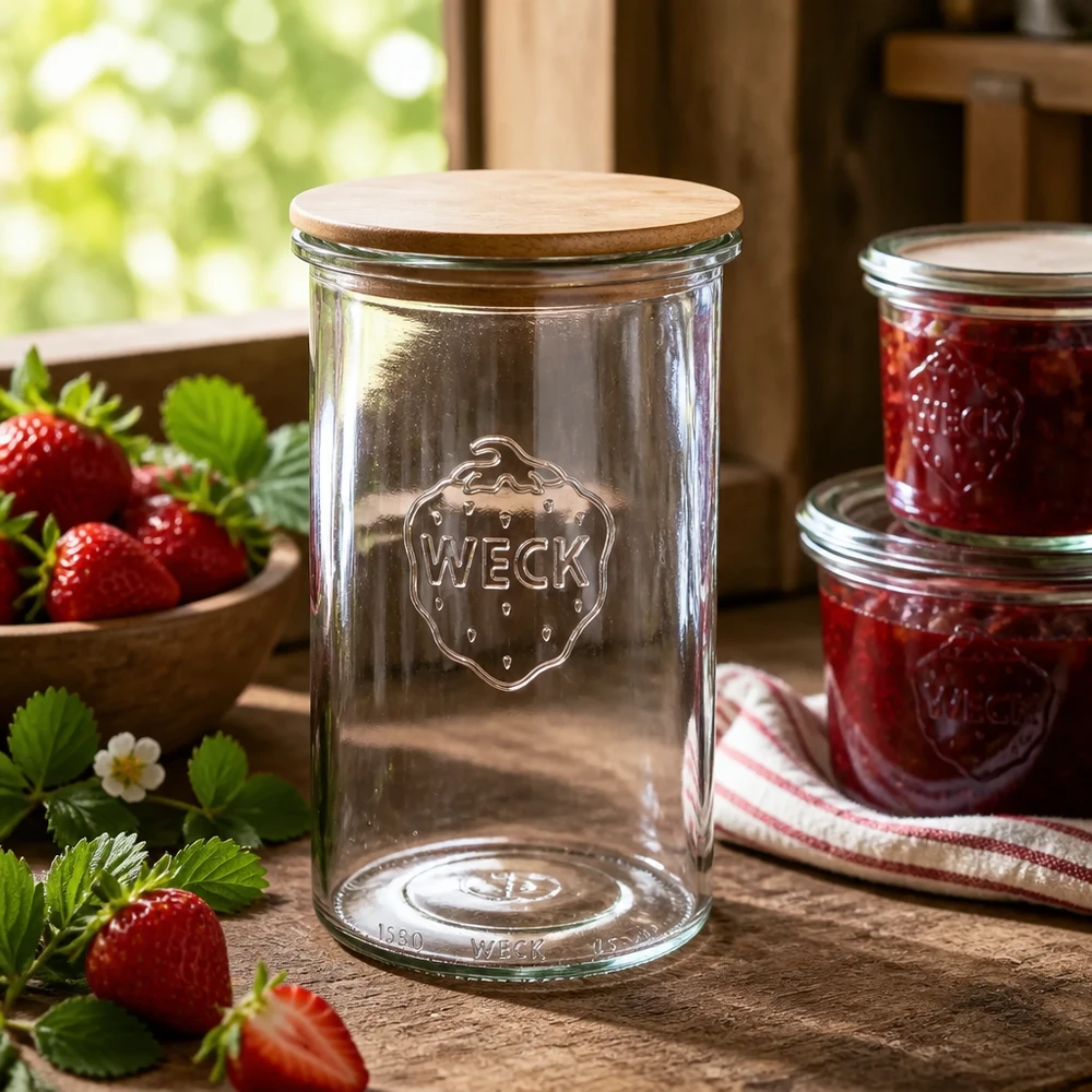 WECK Pot à provisions 1000ml avec couvercle en bois dans une cuisine rustique à côté de la confiture de fraises faite maison et des fraises fraîches