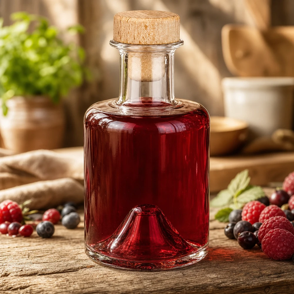 Bouteille en verre Sofia de 200 ml avec bouchon en bois, remplie de liqueur de baies à côté de framboises et de myrtilles dans une scène de cuisine rustique.