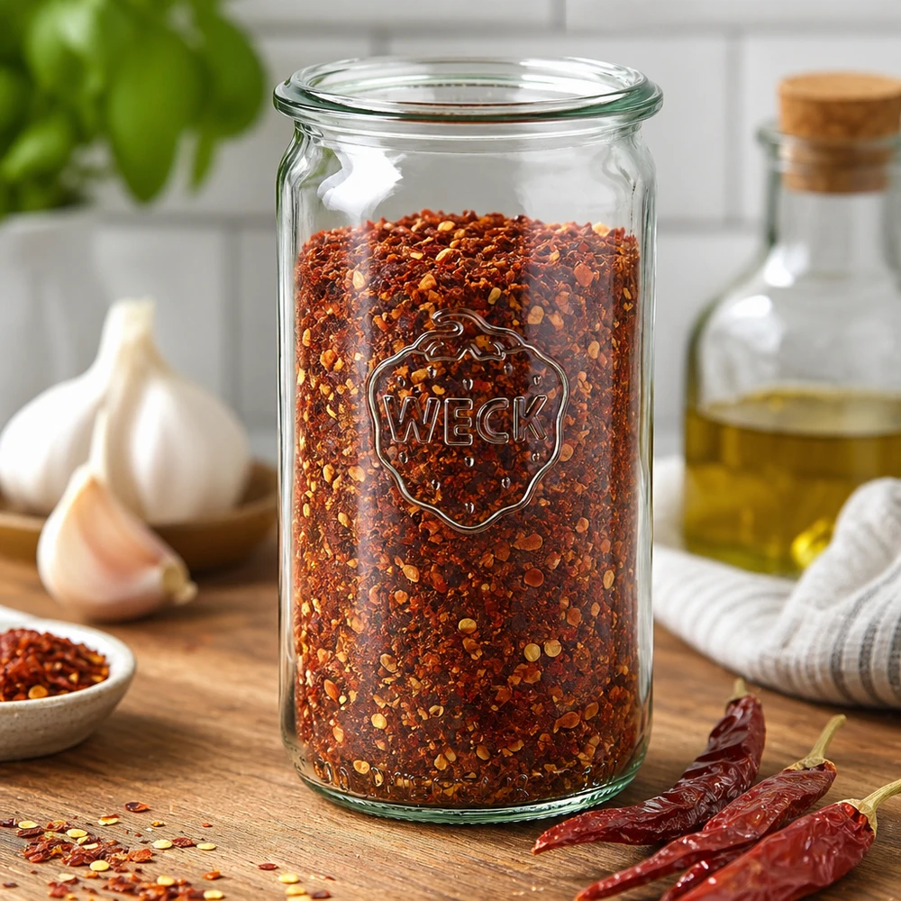 Bocal en verre cylindrique WECK RR60 de 340 ml WECK Pot cylindrique 340ml RR60 rempli de flocons de piment sur table en bois avec ail et piments séchés