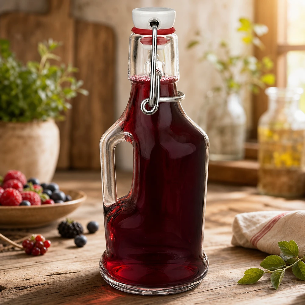 Bouteille en verre Bertha 200ml remplie de jus de baies rouges, bouchon à étrier fermé, cuisine rustique avec baies
