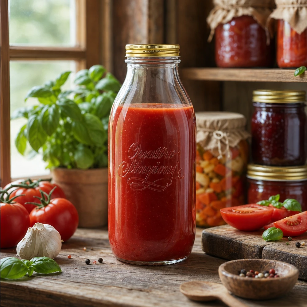Bouteille Quattro Stagioni de 1 litre remplie de sauce tomate dans une cuisine