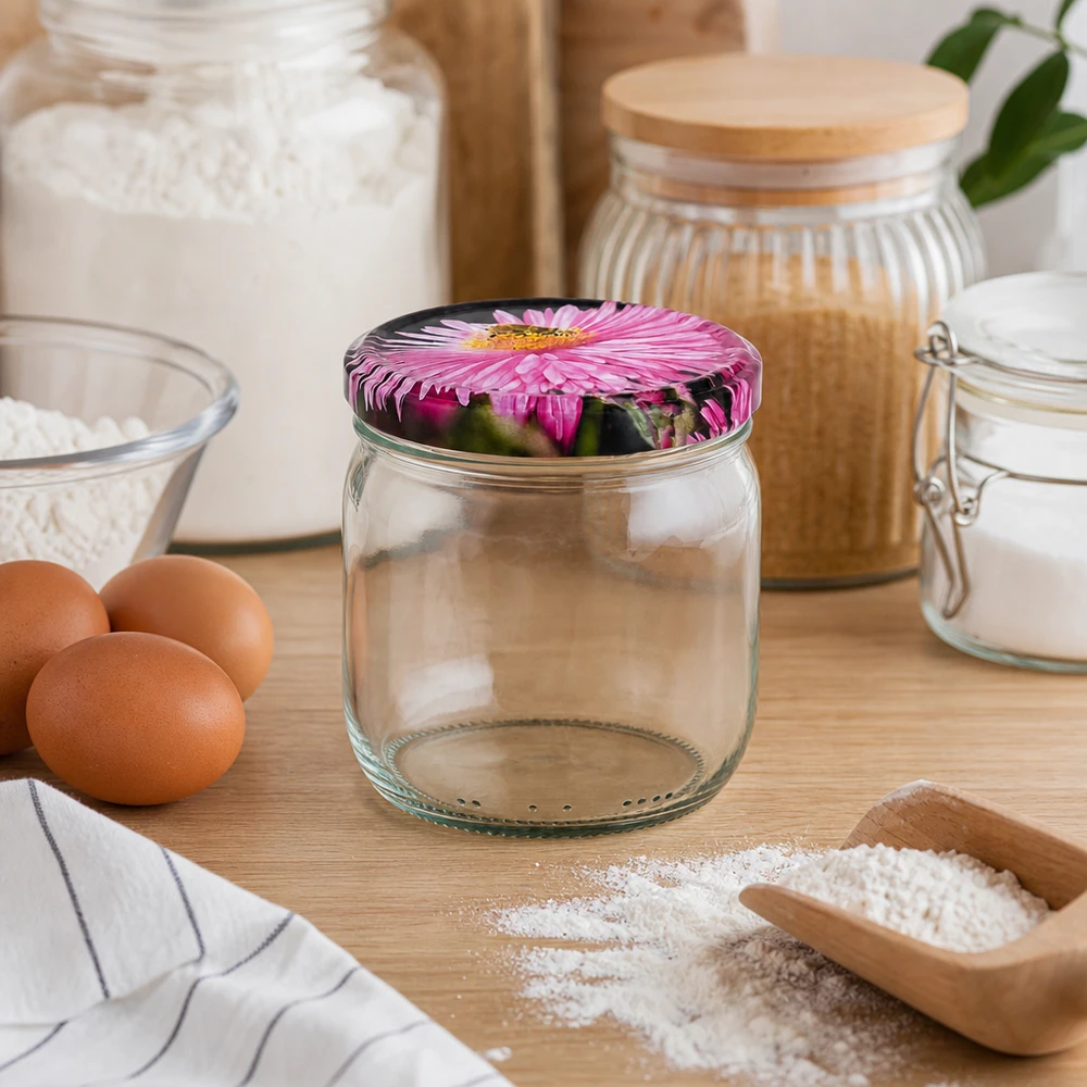 425ml verre rond vide avec couvercle rose à fleurs dans une scène de cuisine avec des oeufs, de la farine et des ingrédients pour la pâtisserie sur un plan de travail en bois