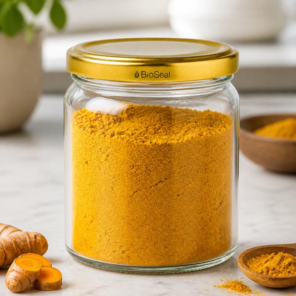 UNiTWIS Runda408 Bocal de stockage avec couvercle TO82 doré rempli de poudre de curcuma à côté de racines de curcuma fraîches