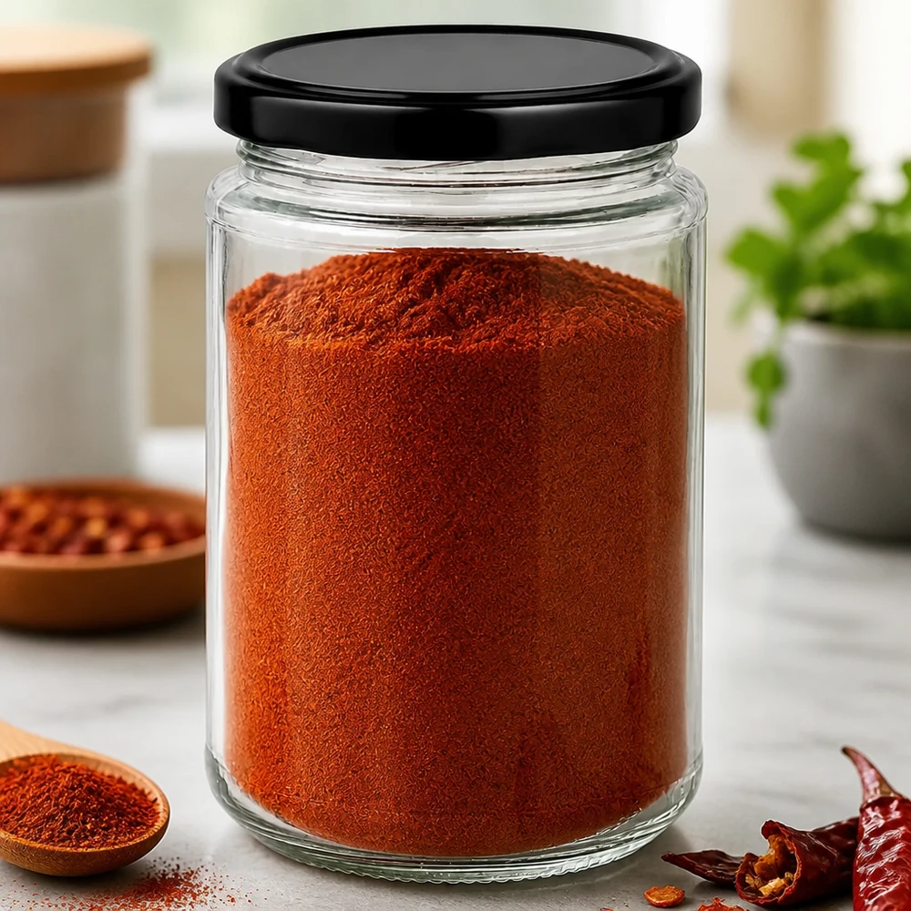 390ml Verre rond avec couvercle BasicSeal noir UNiTWIST 390ml Bocal rond rempli de poudre de paprika rouge BasicSeal Couvercle noir Bocal à épices Bocal à provisions Cuisine